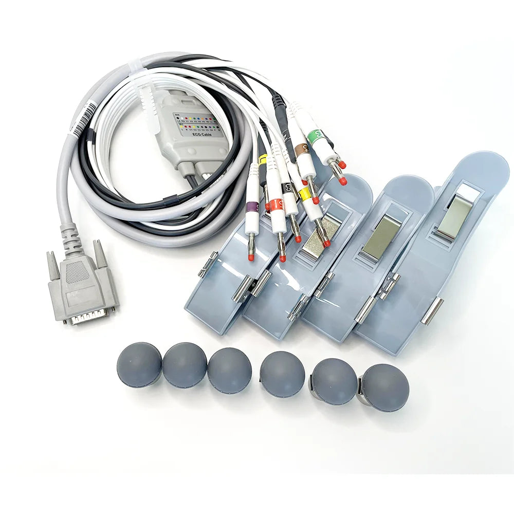 One Set - Compatible EKG/ECG Cable for EDAN SE-1200 SE-1201 SE-12 SE-300 SE-601- DB15 10 leads cable, suction ball & limb clamp