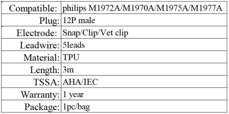 ECG cable Compatible for Philips M1972A / M1970A / M1975A / M1977A - one-piece - 12 pin 5 lead snap