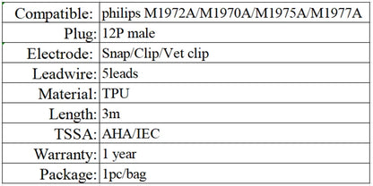 ECG cable Compatible for Philips M1972A / M1970A / M1975A / M1977A - one-piece - 12 pin 5 lead snap