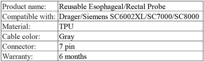 Многоразовый пищеводный/ректальный зонд для взрослых, совместимый с Drager/Siemens SC6002XL/SC7000/SC8000/7pin