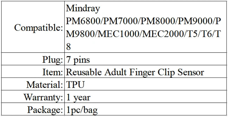 Spo2-Sensor kompatibel mit Mindray T8 T5 T6 PM6800 7 Pin wiederverwendbarer Fingerclip-Sensor für Erwachsene 