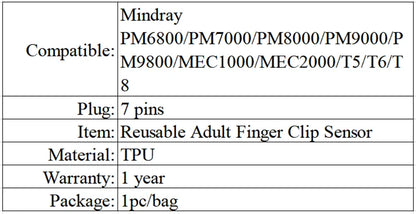 Spo2-Sensor kompatibel mit Mindray T8 T5 T6 PM6800 7 Pin wiederverwendbarer Fingerclip-Sensor für Erwachsene 