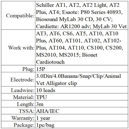 EKG / ECG Cable compatible for Schiller AT1 AT60 CS100 - DB15 Pin 10 leads