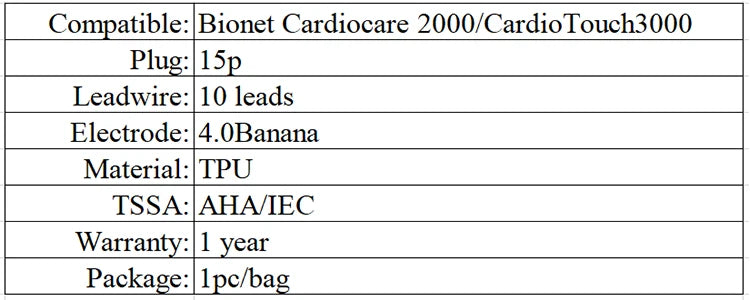 ECG / EKG cable Compatible with  Bionet Cardiocare 2000 leadwire, DB15,10 leads