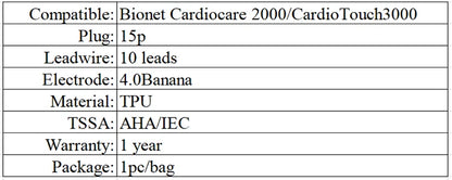 ECG / EKG cable Compatible with  Bionet Cardiocare 2000 leadwire, DB15,10 leads