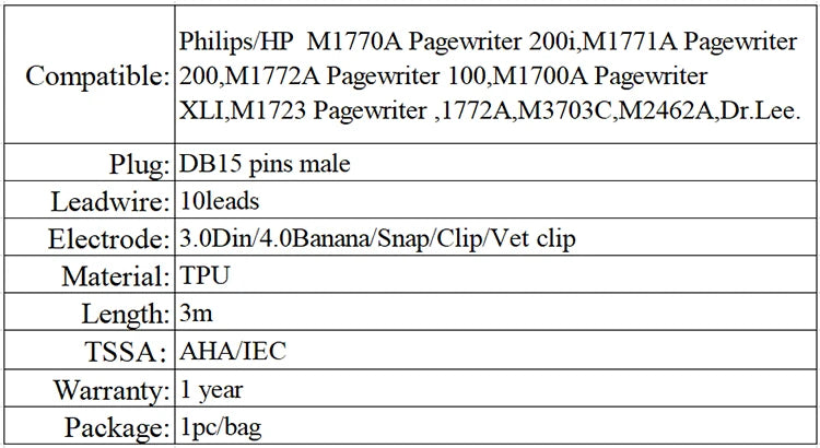 Compatible for philips m3703c T10 T20 T30 T50 10 lead ecg/EKG bold cable and lead, 15 pin