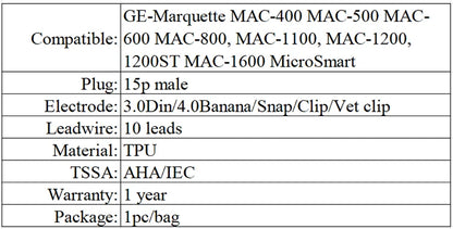 Split ECG / EKG cable Compatible with GE MAC 500 800 1100 1200st1600 2000 - 10 leads