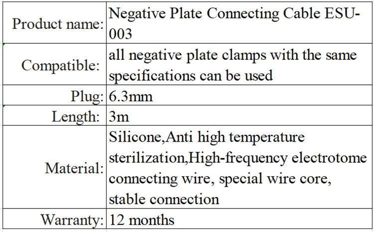 Reusable ESU Patient return electrode connect Cable, Electric knife negative plate grounding pad cable, 3m, 6.3mm plug