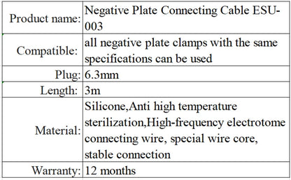 Reusable ESU Patient return electrode connect Cable, Electric knife negative plate grounding pad cable, 3m, 6.3mm plug