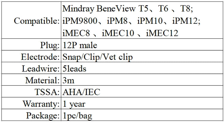 Compatible for Mindray T5 T6 T8 IPM IMEC ECG Cable with leadwires 12pin 5-lead Snap AHA