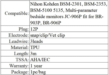 ECG Cable Compatible for Nihon Kohden  BSM-2301 / 2353 / 5100 - 12Pin 3 leads