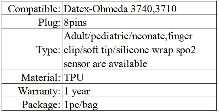 SpO2 sensor compatible with Datex Ohmeda 3740 3710 8-pin reusable adult fingertip clip sensor