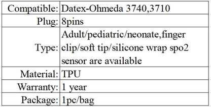 SpO2 sensor compatible with Datex Ohmeda 3740 3710 8-pin reusable adult fingertip clip sensor