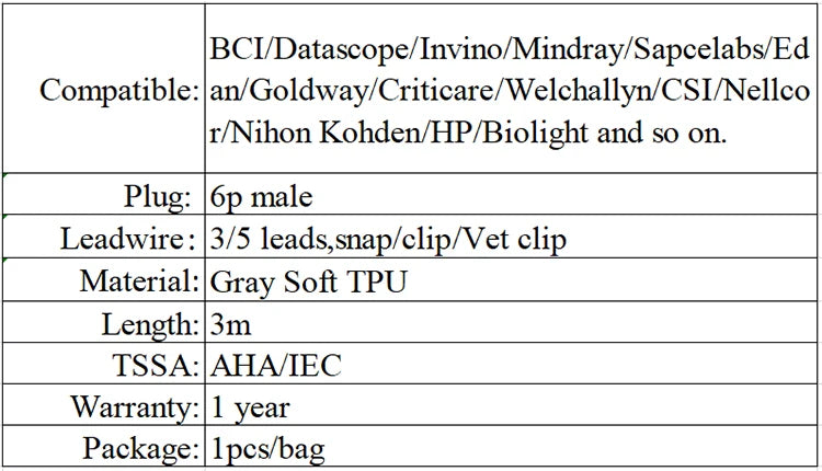 3-lead ECG cable  Compatible Mindray PM9000 8000 7000 MEC1000 MEC2000