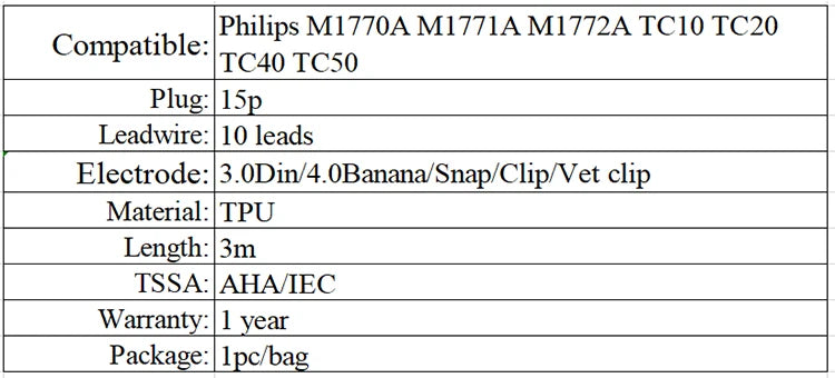 Compatible for Philips ECG/EKG cable M1770A M1771A TC10 TC20 TC40 TC50 DB15 pin 10 lead ekg cable lead wires