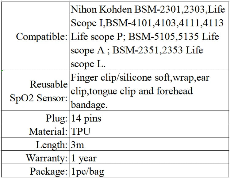 Spo2 Sensor Compatible with Nihon Kohden 14 Pin Reusable Silicone Soft Finger Tip Sensor