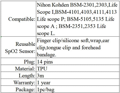 Spo2 Sensor Compatible with Nihon Kohden 14 Pin Reusable Silicone Soft Finger Tip Sensor