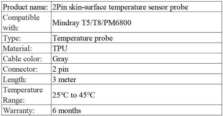 2Pin skin-surface temperature sensor probe compatible with Mindray, T5, T8 PM6800