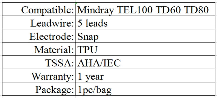 Compatible with Mindray TEL100 dynamic telemetry, Holter Ecg Cable, 5 leads