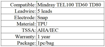 Compatible with Mindray TEL100 dynamic telemetry, Holter Ecg Cable, 5 leads