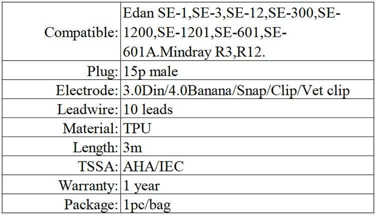 ECG / EKG cable Compatible with EDAN SE-300/SE-601/SE-120 - DB15 10 leads - TPU - bold wire