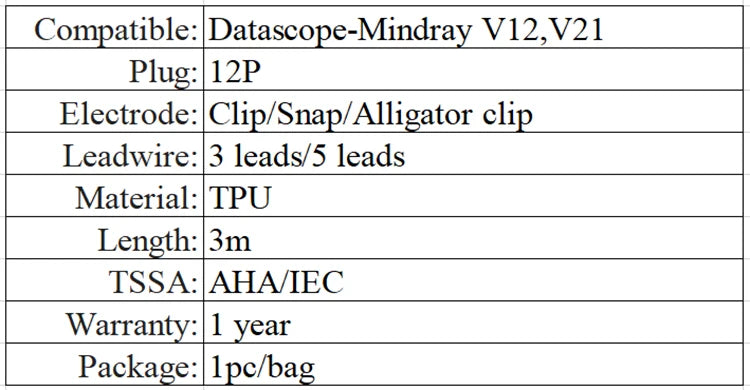 ECG / EKG cable Compatible for Mindray Datascope Passport V V12 V21 - 12 Pin 5 leads