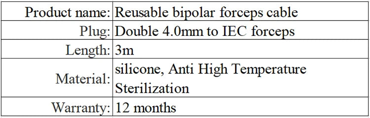 Reusable bipolar forceps cable, 3m, Anti High Temperature Sterilization, 4.0mm to IEC forceps