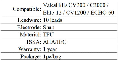 Compatible with ValesHills CV200 / C3000 / Elite-12 / CV1200 / ECHO-60, Holter Ecg Cable, 10 leads