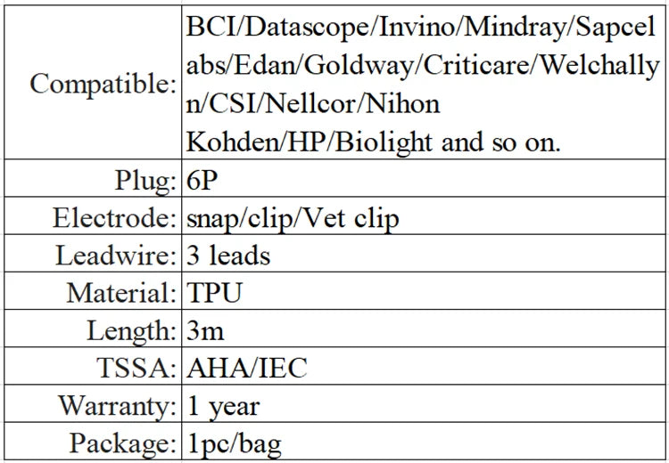 ECG cable Compatible for Goldway Mindray Edan Biolight BLT monitor - 6 Pin 3 leads