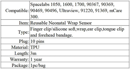 Spo2-Sensor kompatibel mit Spacelabs 1050 1600 1700 90369 90496 wiederverwendbarer Wrap-Sensor für Neugeborene 