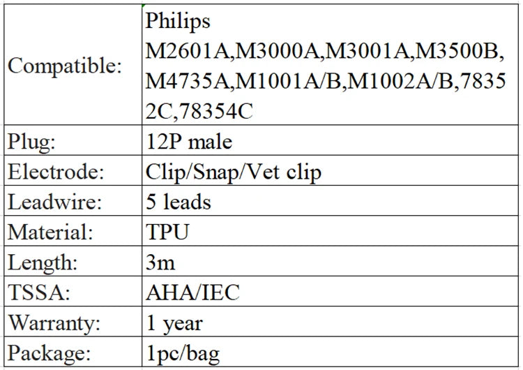 ECG / EKG Cable Compatible for Philips M3000A M1669A - Trunk Cable - 12 Pin 5 leads