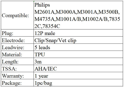 ECG / EKG Cable Compatible for Philips M3000A M1669A - Trunk Cable - 12 Pin 5 leads